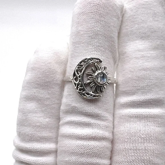 Genuine Rainbow Moonstone .825 Sterling Silver Filigree Crescent Moon & Sun Ring - Picture 14 of 17